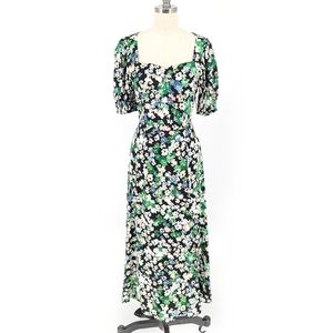 H&M Floral Sweetheart Midi Dress Black Green XS cottagecore preppy coqeutte girl